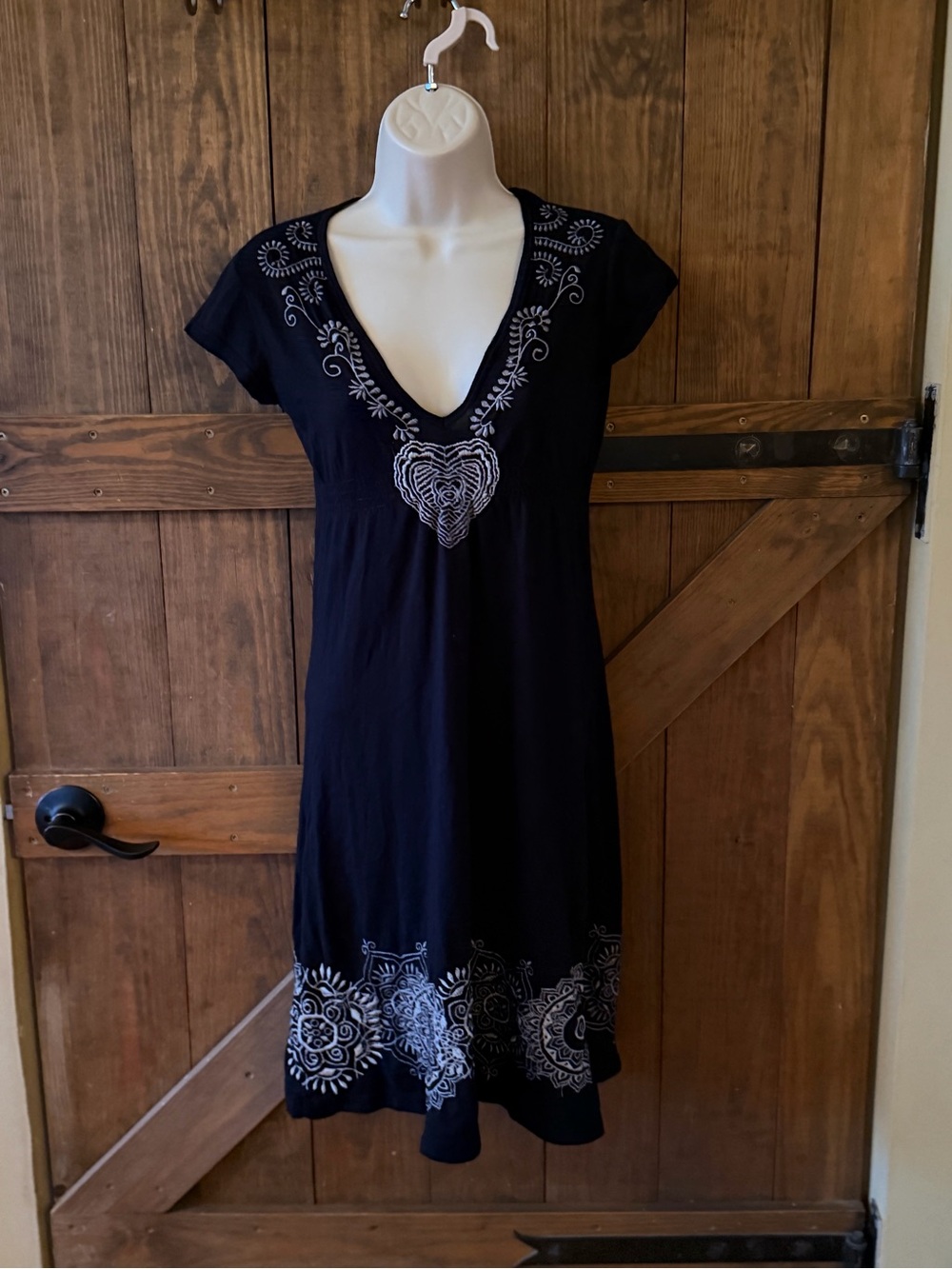 Johnny Was Black Midi Dress with White Embroidered Heart and Hem